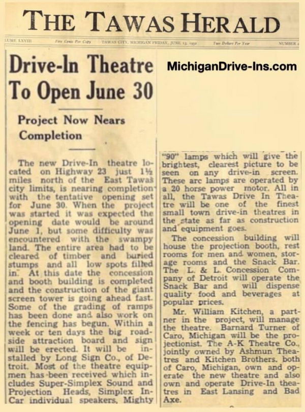 Tawas Drive-In Theatre - TAWAS HERALD TAWAS DRIVE-IN ARTICLE JUNE 13 1952